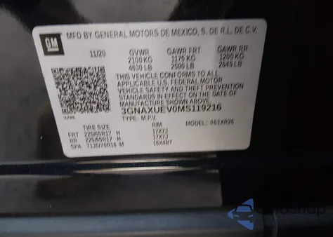 2021 Chevrolet Equinox Awd Lt из США, поврежденный, VIN 3GNAXUEV0MS119216